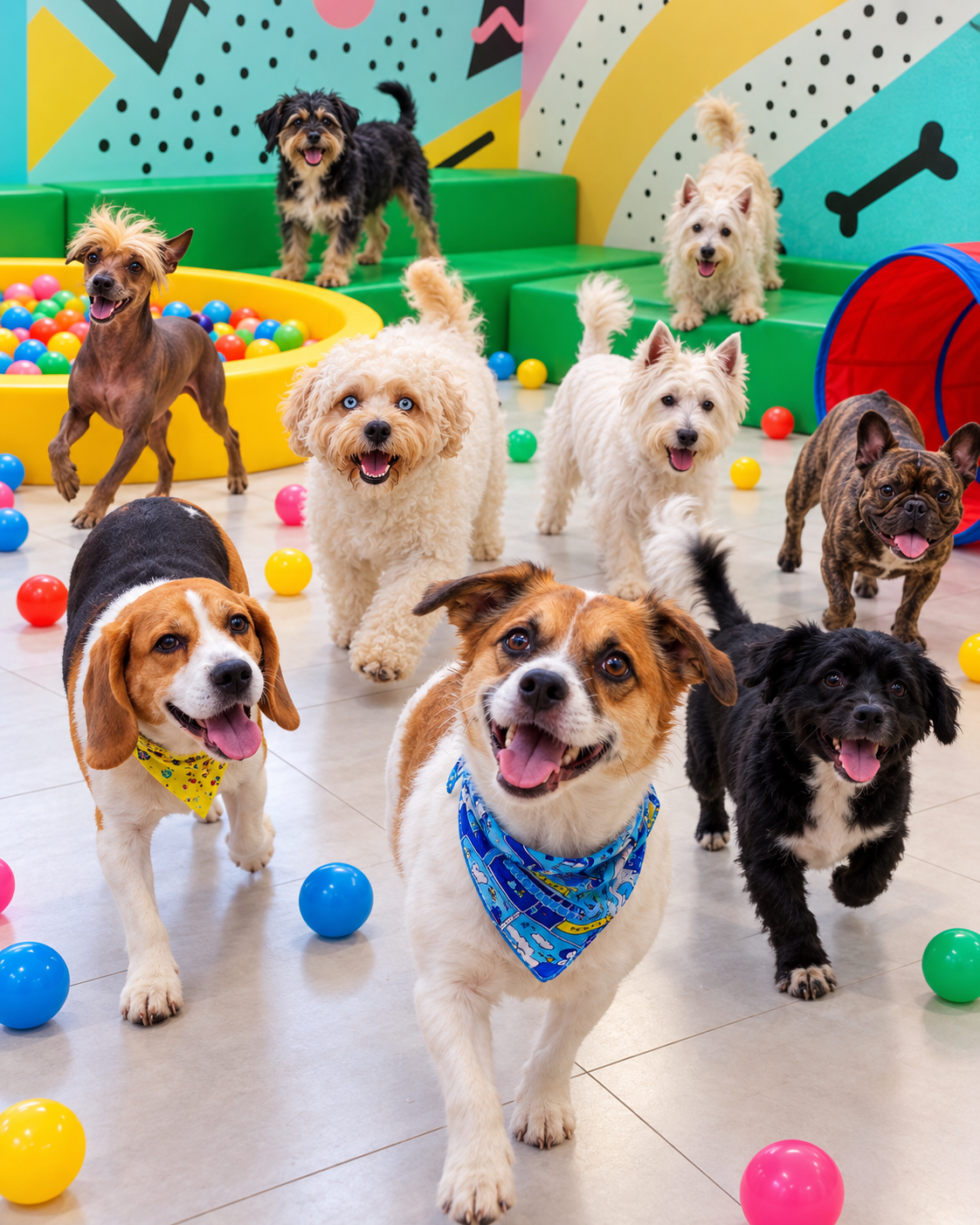 Perritos felices jugando juntos en Check-in Dog